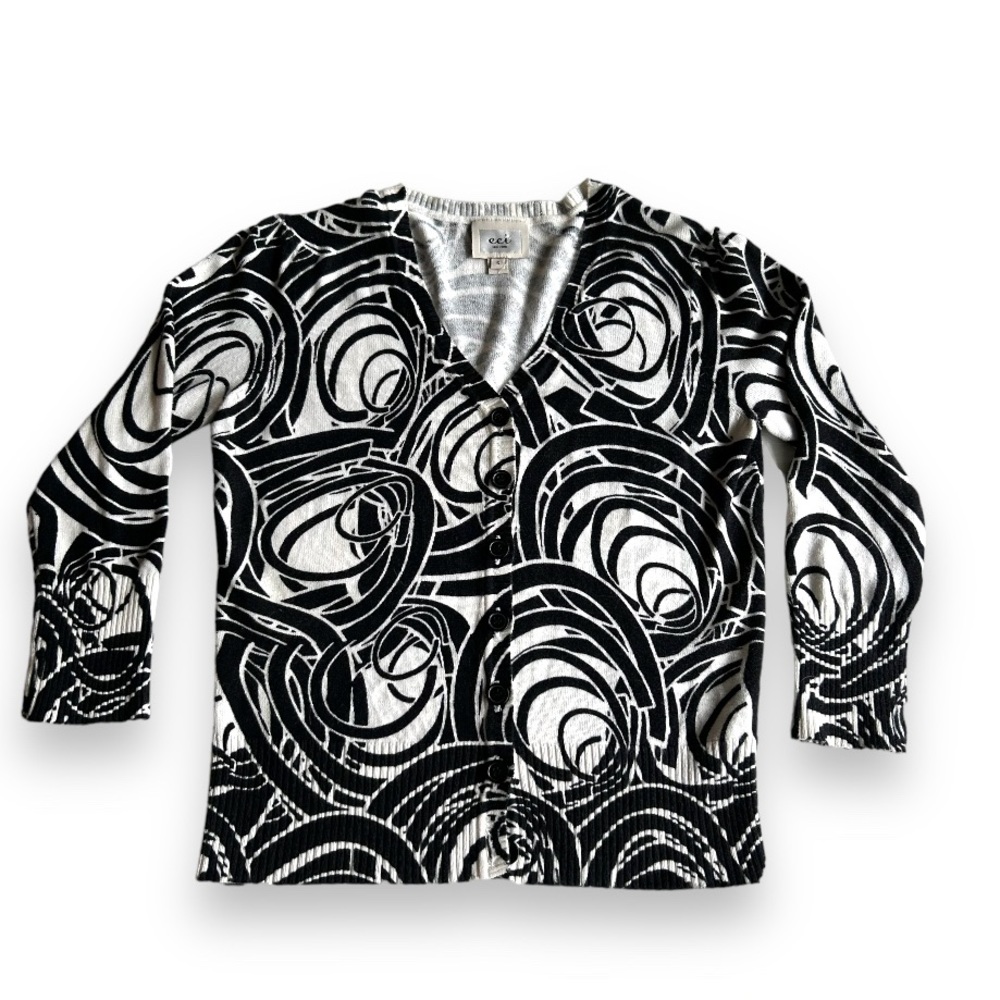 Eci button down cardigan black and white abstract shapes 3/4 sleeve, S
